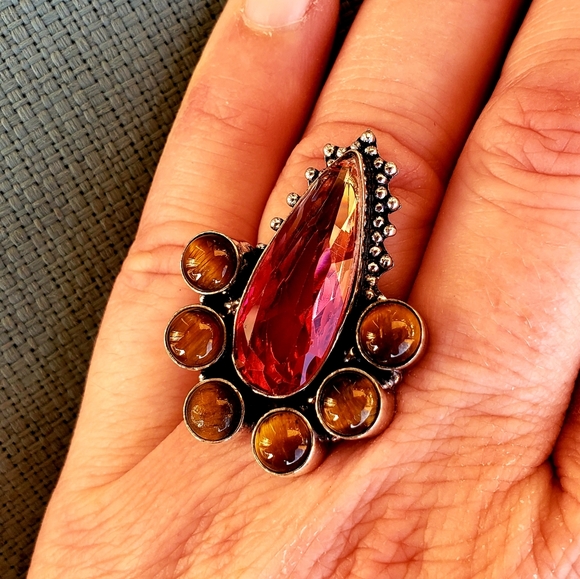 New Bi-Color Tourmaline & Tiger Eye 925 Silver Ring. - Picture 9 of 15